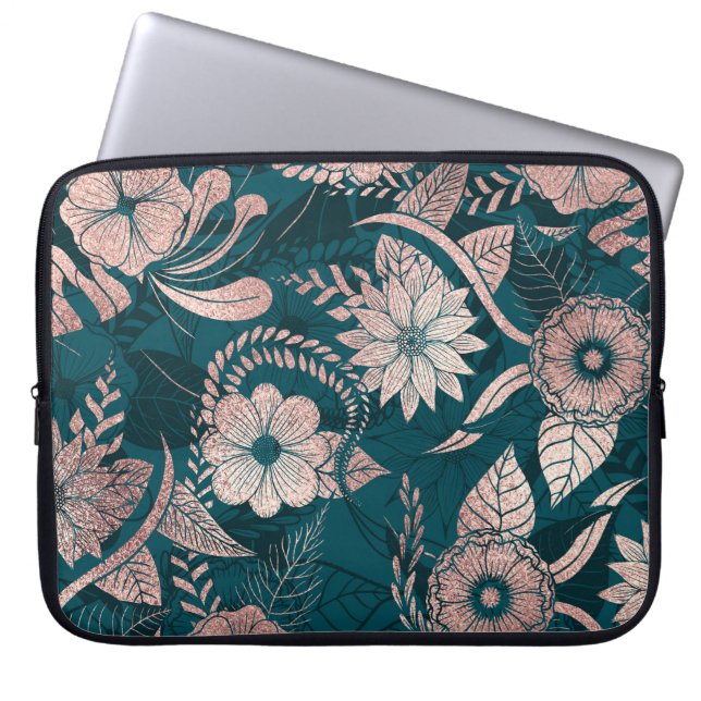 Artsy Modern Rose Gold Emerald Green Flowers Laptop Sleeve (Front)