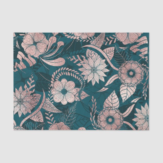 Artsy Modern Rose Gold Emerald Green Flowers Tissue Paper (Front)