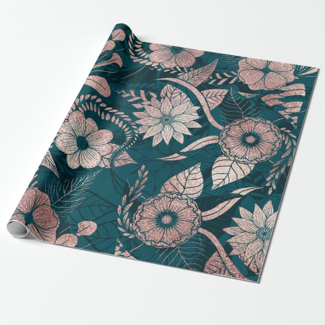 Artsy Modern Rose Gold Emerald Green Flowers Wrapping Paper (Unrolled)