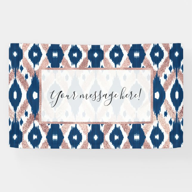 Artsy Modern Rose Gold Navy Blue Ikat Geo Banner (Horizontal)