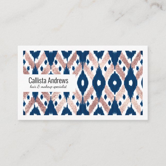 Artsy Modern Rose Gold Navy Blue Ikat Geo Business Card (Front)