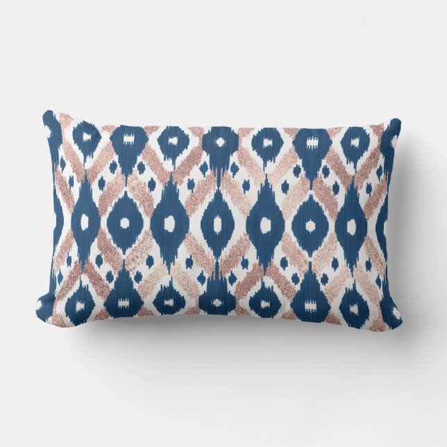 Artsy Modern Rose Gold Navy Blue Ikat Geo Lumbar Cushion (Front)