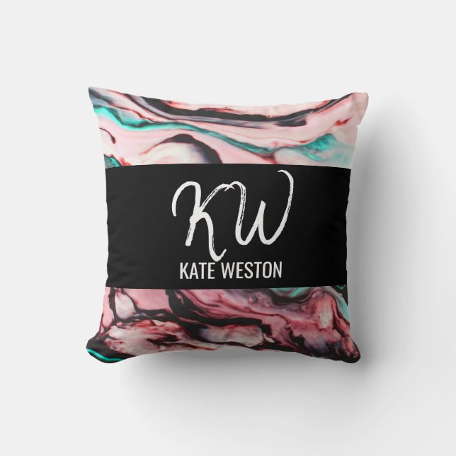 Artsy Modern Teal Pink Black Marble Paint Monogram Cushion (Front)