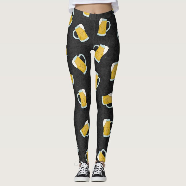Artsy Modern Yellow Black Watercolor Beer Steins Leggings (Front)