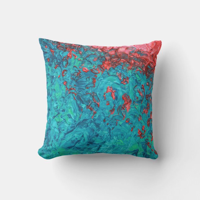 Artsy Neon Orange Teal Green Acrylic Painting Cushion (Front)