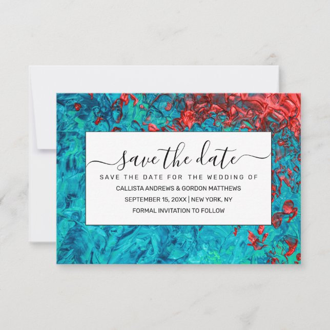 Artsy Neon Orange Teal Green Acrylic Painting Save The Date (Front)
