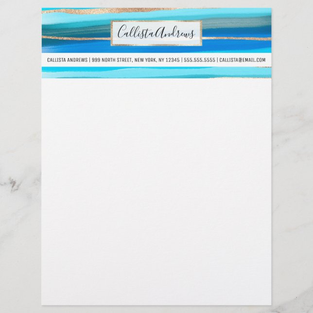 Artsy Ocean Aqua Blue Gold Abstract Paint Stripes Custom Letterhead (Front)