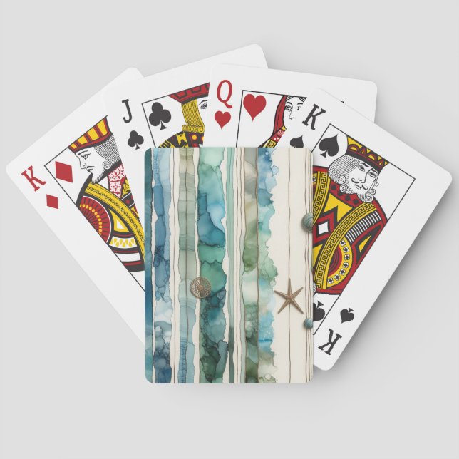 Artsy ocean scene inky stripes starfish playing cards (Back)