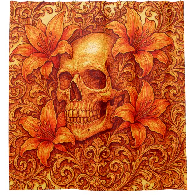 Artsy Orange Skull Design Shower Curtain (Front)