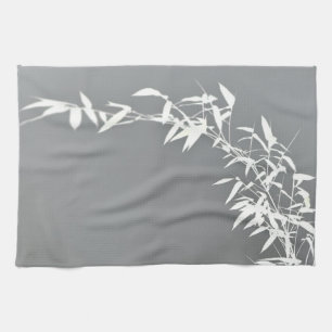 Artsy Oriental Zen Bamboo Shrub Grey & White Tea Towel