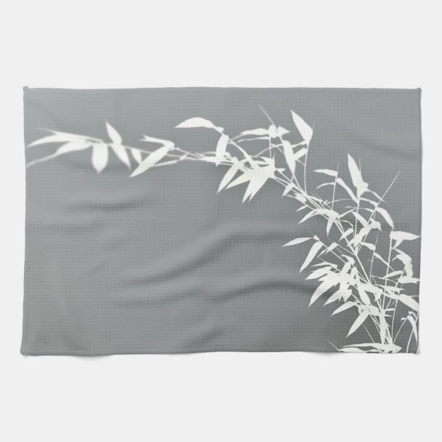Artsy Oriental Zen Bamboo Shrub Grey & White Tea Towel (Horizontal)