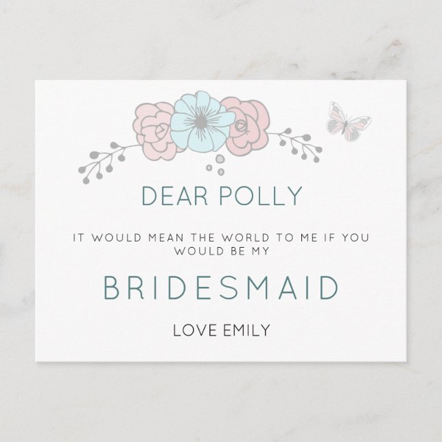 Artsy Pastel Florals Butterfly Bridesmaid Request Postcard (Front)