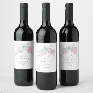 Artsy Pastel Florals Butterfly Names Wedding Wine Label