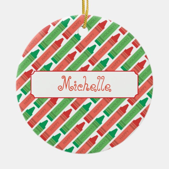 Artsy Personalised Red and Green Crayons Ceramic Tree Decoration (Front)