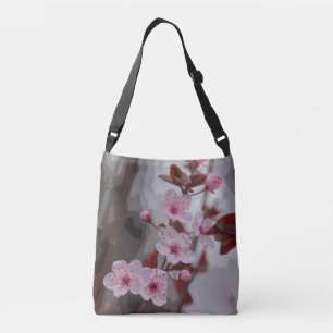 Artsy Pink Cherry Blossoms on Gray Customizable Crossbody Bag