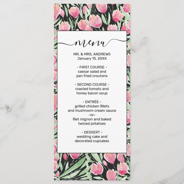 Artsy Pink Green Black Tulips Floral Watercolor Menu (Front)