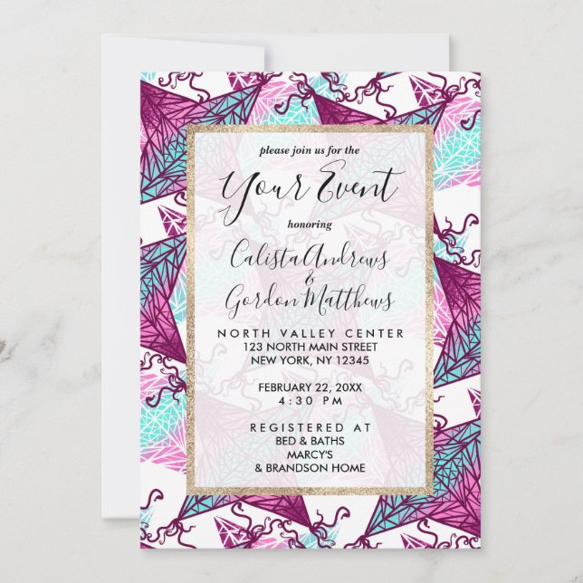 Artsy Pink Purple Teal Geometric Abstract Kites Invitation (Front)