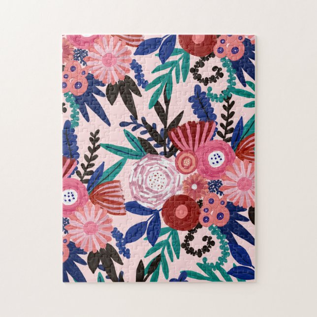 Artsy Pink Red Blue Acrylic Painted Flowers Leaves Jigsaw Puzzle (Vertical)