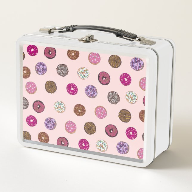 Artsy Pink Sprinkle Doughnuts Watercolor Pattern Metal Lunch Box (Front)