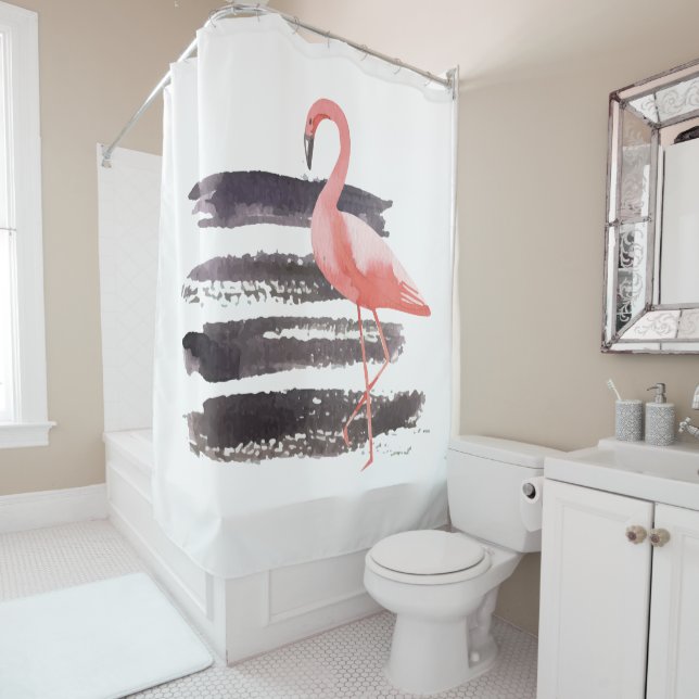 Artsy Pink Watercolor Flamingo Brush Strokes Lines Shower Curtain (In Situ)