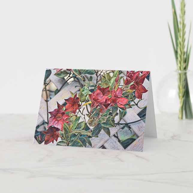 Artsy Red Flowers on Fence Clematis Note Card (Front)
