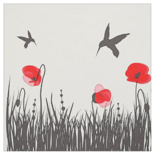 Artsy Red Poppies and Hummingbirds Fabric