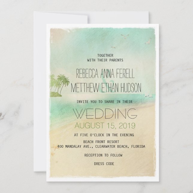 Artsy Retro Vintage Peaceful Beach Wedding Invites (Front)
