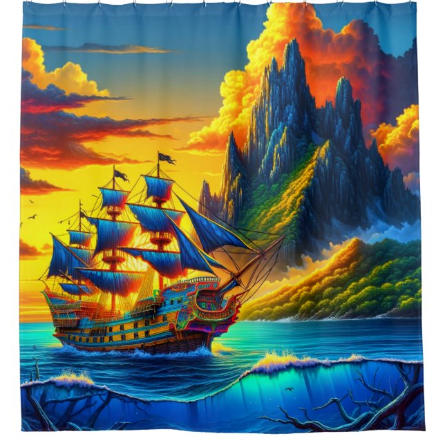 Artsy Ship Scene Shower Curtain (Front)