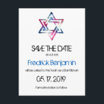 Artsy Star of David Bar Bat Mitzvah Save The Date Announcement Postcard<br><div class="desc">The Star of David in shades of pink and blue in an artistic grungy texture is printed on Bar & Bat Mitzvah save the date postcards. For either your son or daughter. All the default text(sample info) can be fully customised with your own wordings, and you can also change the...</div>