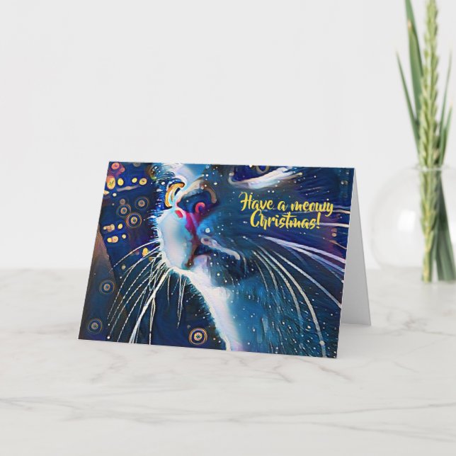 Artsy Starry Night Style Cat Art Meowy Christmas Holiday Card (Front)