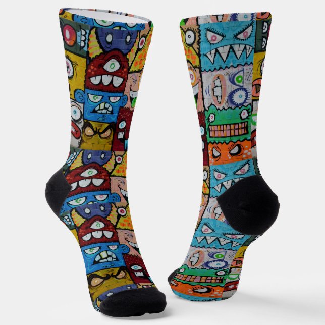 Artsy street art cartoon illustration monster face socks (Angled)