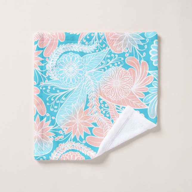Artsy Summer Coral Aqua Hand Drawn Floral Pattern Wash Cloth (Wash Cloth)