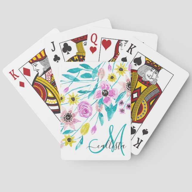 Artsy Summer Flowers Leaves Watercolor Monogram Playing Cards (Back)