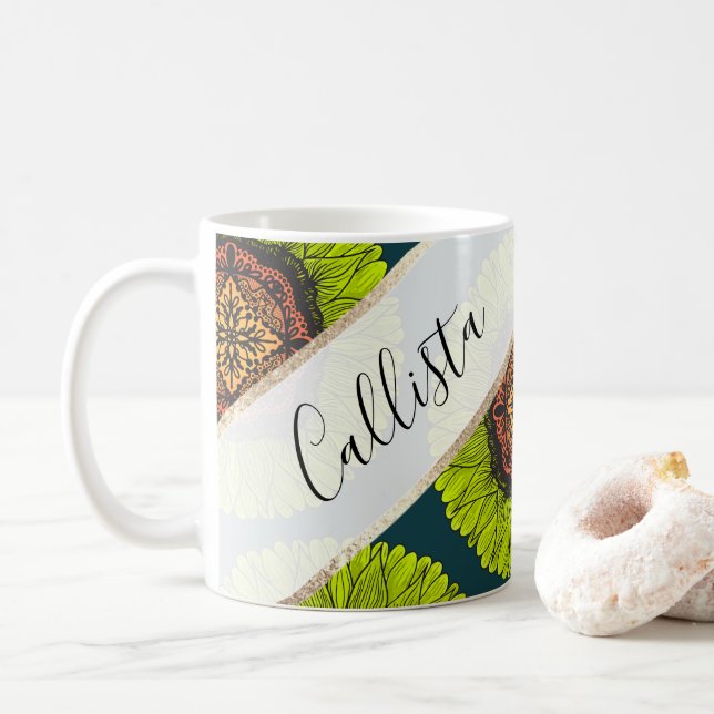 Artsy Summer Neon Yellow Lace Sunflower Coffee Mug (With Donut)