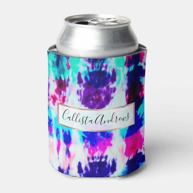 Artsy Summer Pink Blue Colourful Tie Dye Pattern Can Cooler (Can Front)