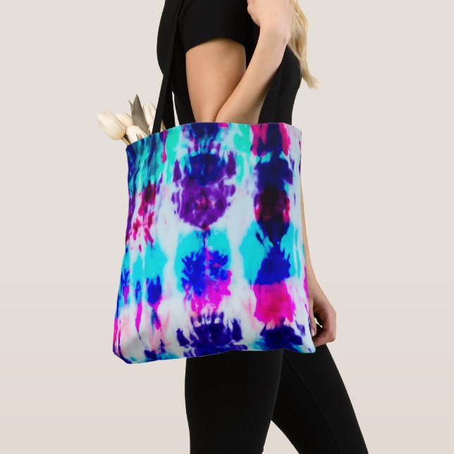 Artsy Summer Pink Blue Colourful Tie Dye Pattern Tote Bag (Close Up)