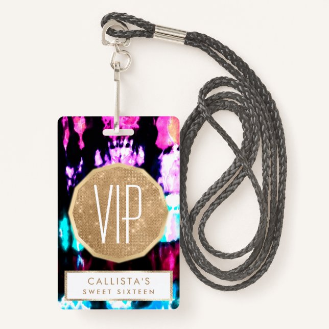 Artsy Summer Teal Black Colourful Tie Dye Pattern ID Badge (Front with Lanyard)