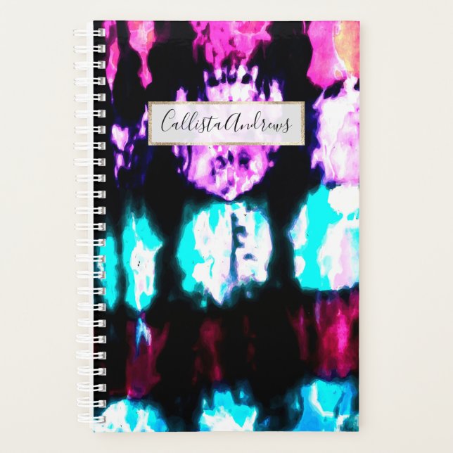 Artsy Summer Teal Black Colourful Tie Dye Pattern Planner (Front)