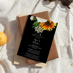 Artsy Sunflower Floral Rehearsal Dinner - Black Invitation