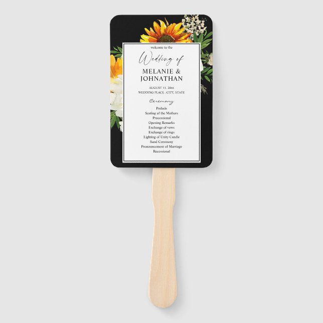 Artsy Sunflower Floral Wedding Ceremony Program2B Hand Fan (Front)