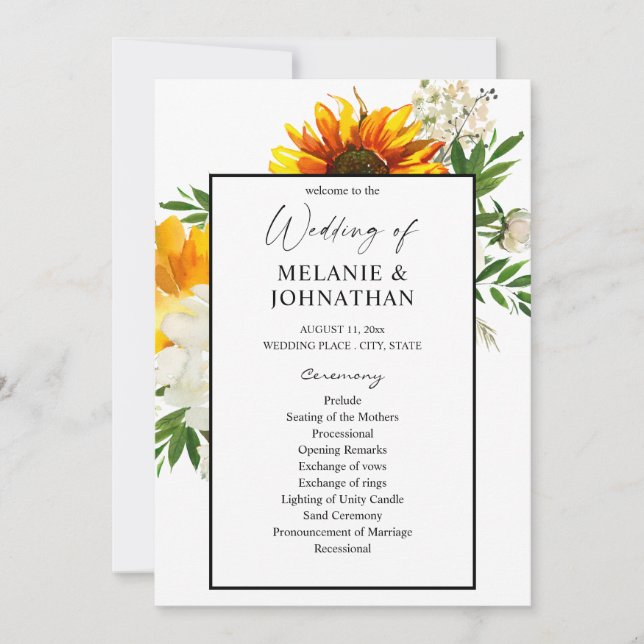 Artsy Sunflower Floral Wedding Ceremony Program 2 Invitation (Front)