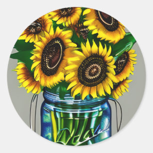 Artsy Sunflowers in Glass Jar Art Classic Round Sticker