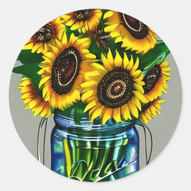 Artsy Sunflowers in Glass Jar Art Classic Round Sticker (Front)