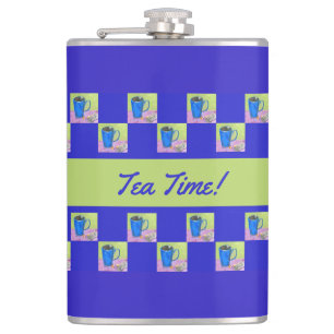 Artsy Tea Time Green/Blue Repeating Design Hip Flask