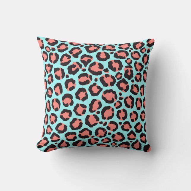 Artsy Trendy Coral Mint Teal Leopard Animal Print Cushion (Front)