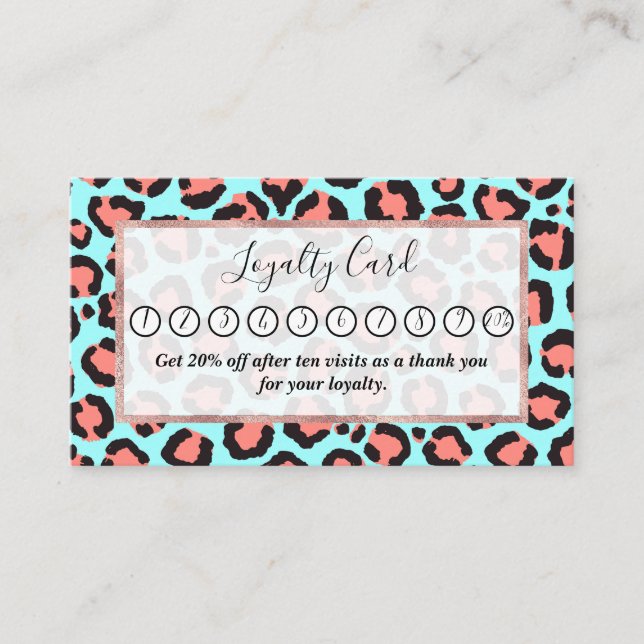 Artsy Trendy Coral Mint Teal Leopard Animal Print Loyalty Card (Front)