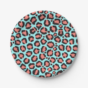Artsy Trendy Coral Mint Teal Leopard Animal Print Paper Plate