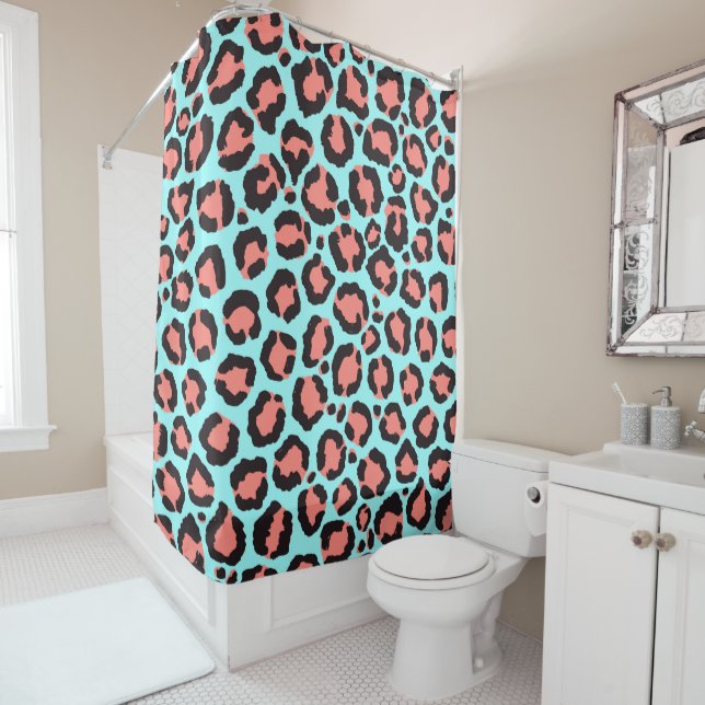 Artsy Trendy Coral Mint Teal Leopard Animal Print Shower Curtain (In Situ)