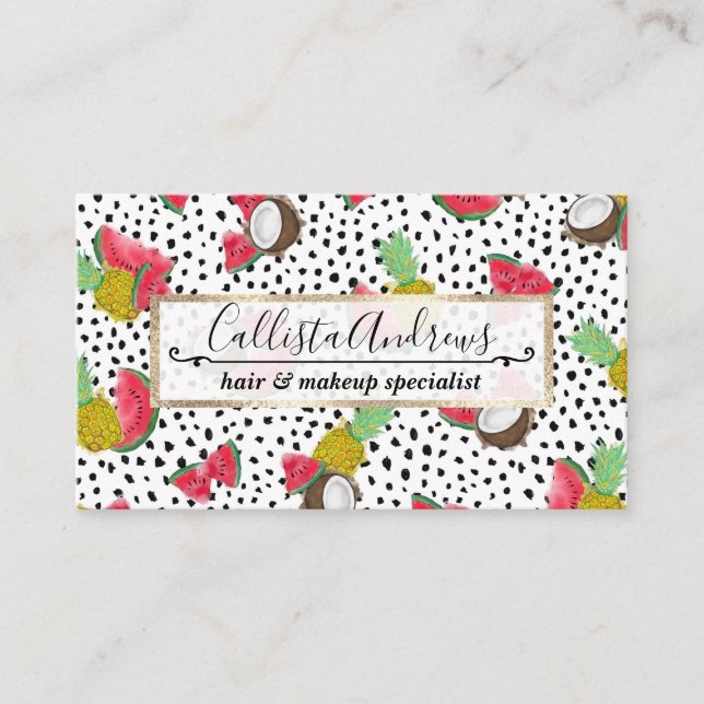 Artsy Tropical Fruit Polka Dots Watercolor Pattern Business Card (Front)