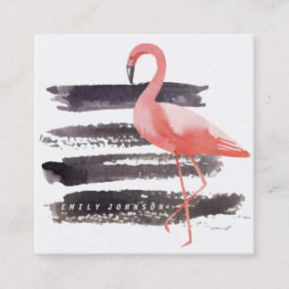 Artsy Watercolor Pink Flamingo Brush Strokes Lines Square Business Card